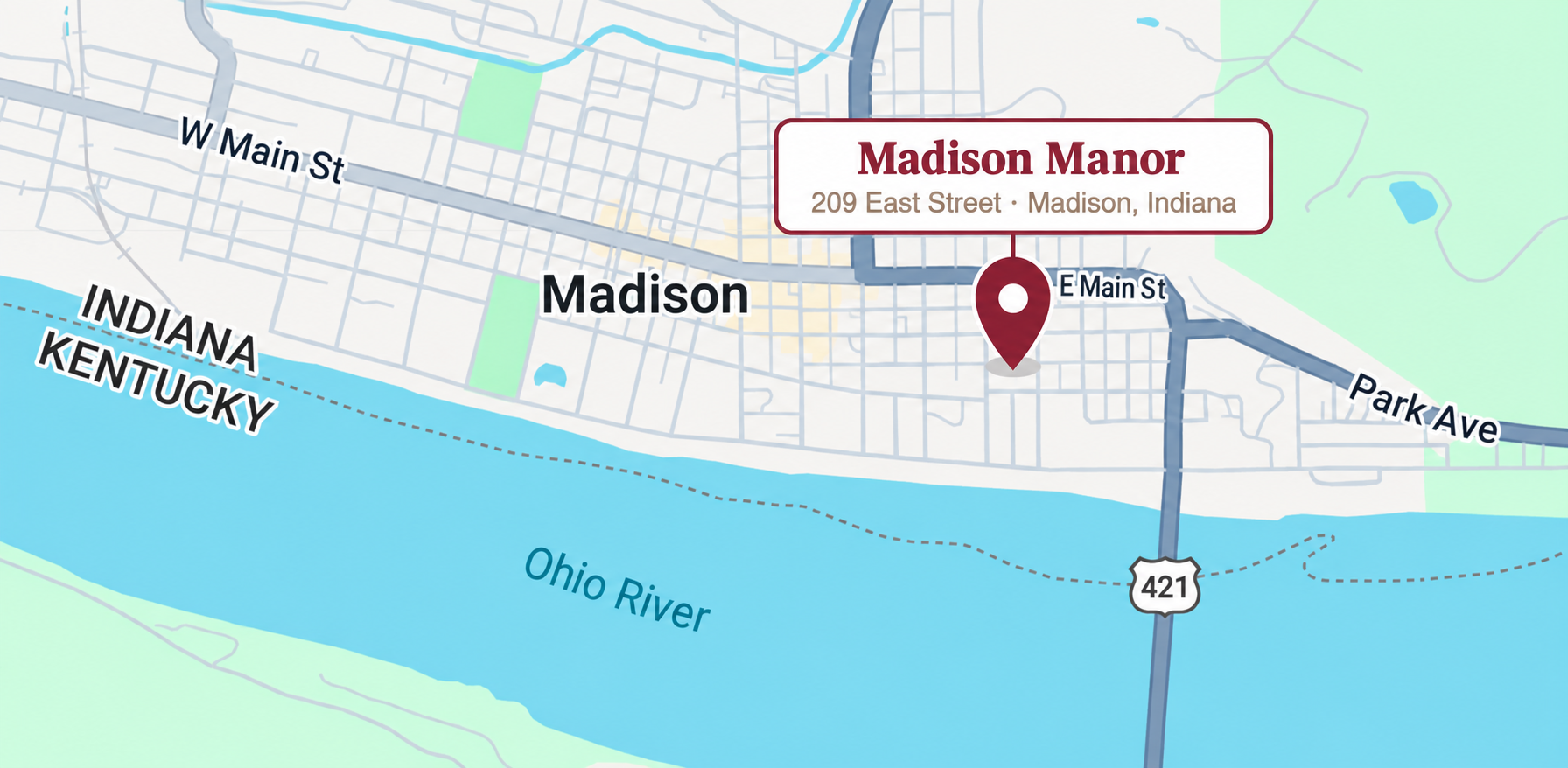 Map showing Madison Manor at 209 East Street, Madison Indiana, near the Ohio River