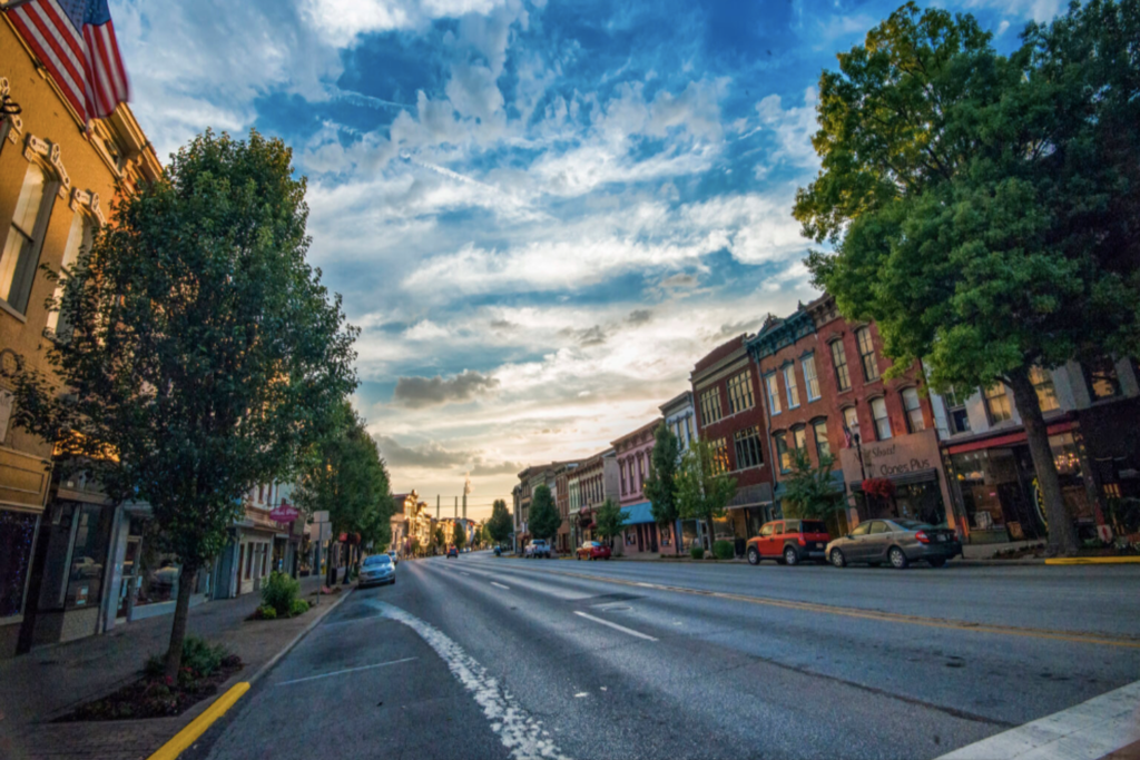 Downtown Madison main street at sunset