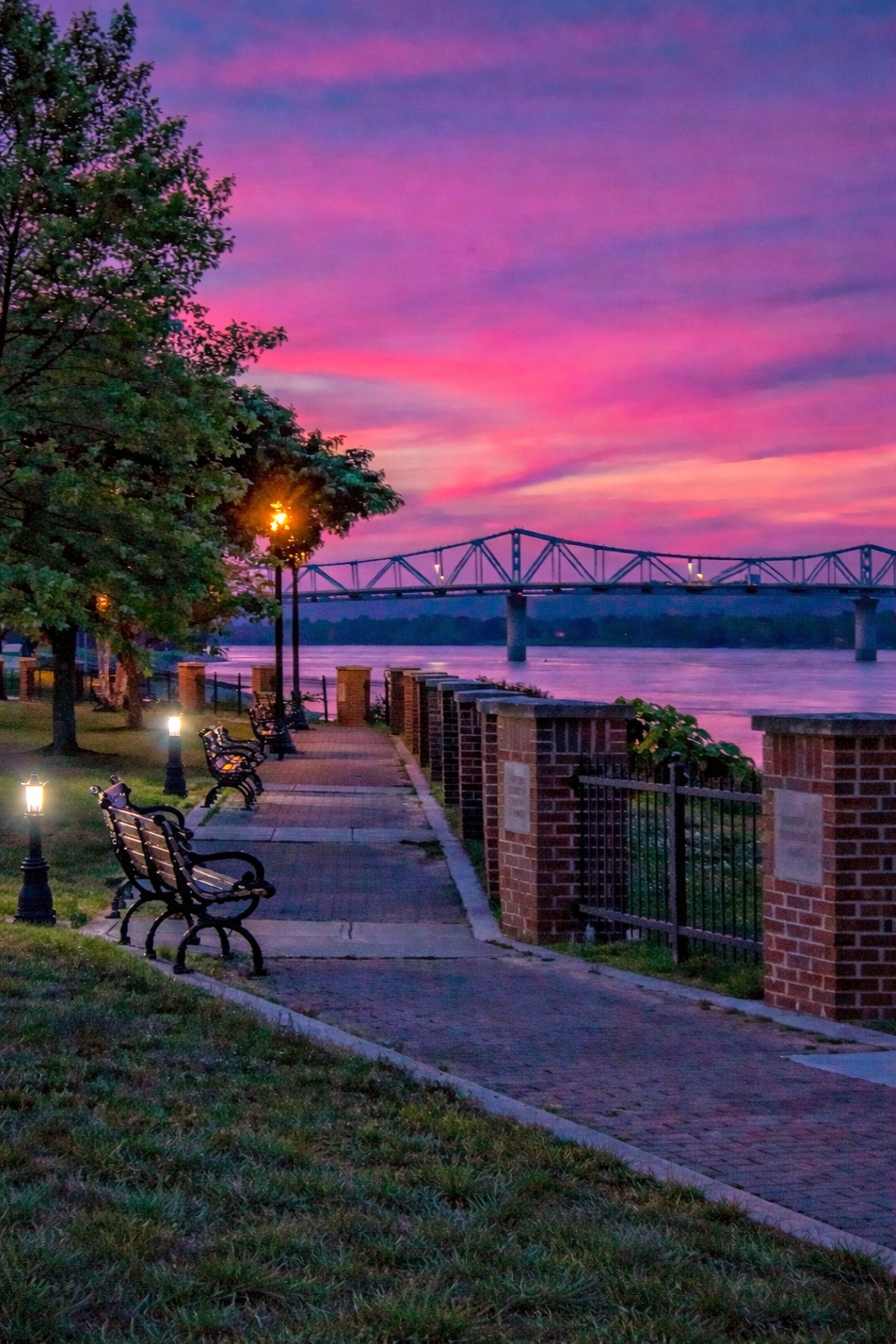 Madison riverfront at sunset with bridge
